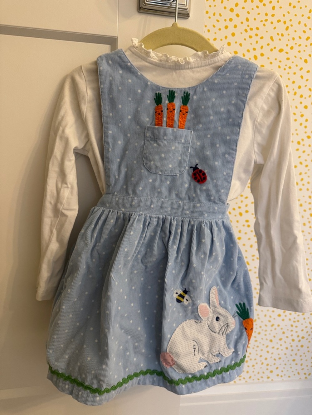Baby Boden Light Blue Polka Dot Bunny & Carrot Pinafore Dress
